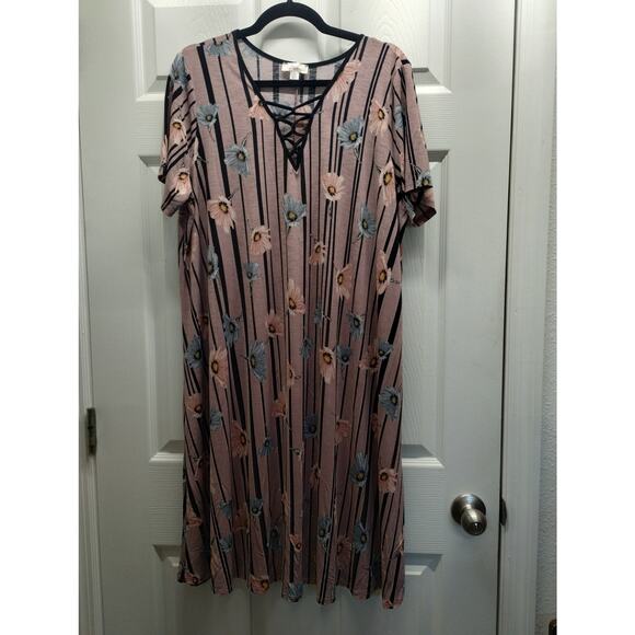 Misia Women's Plus Size 2X Pink Black Striped Floral Stretchy Midi Dress - Picture 1 of 6